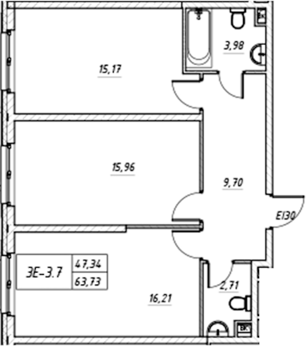 2-комнатная квартира 63.73 м², 2/17 эт., Комплекс апартаментов «Zoom на Неве»